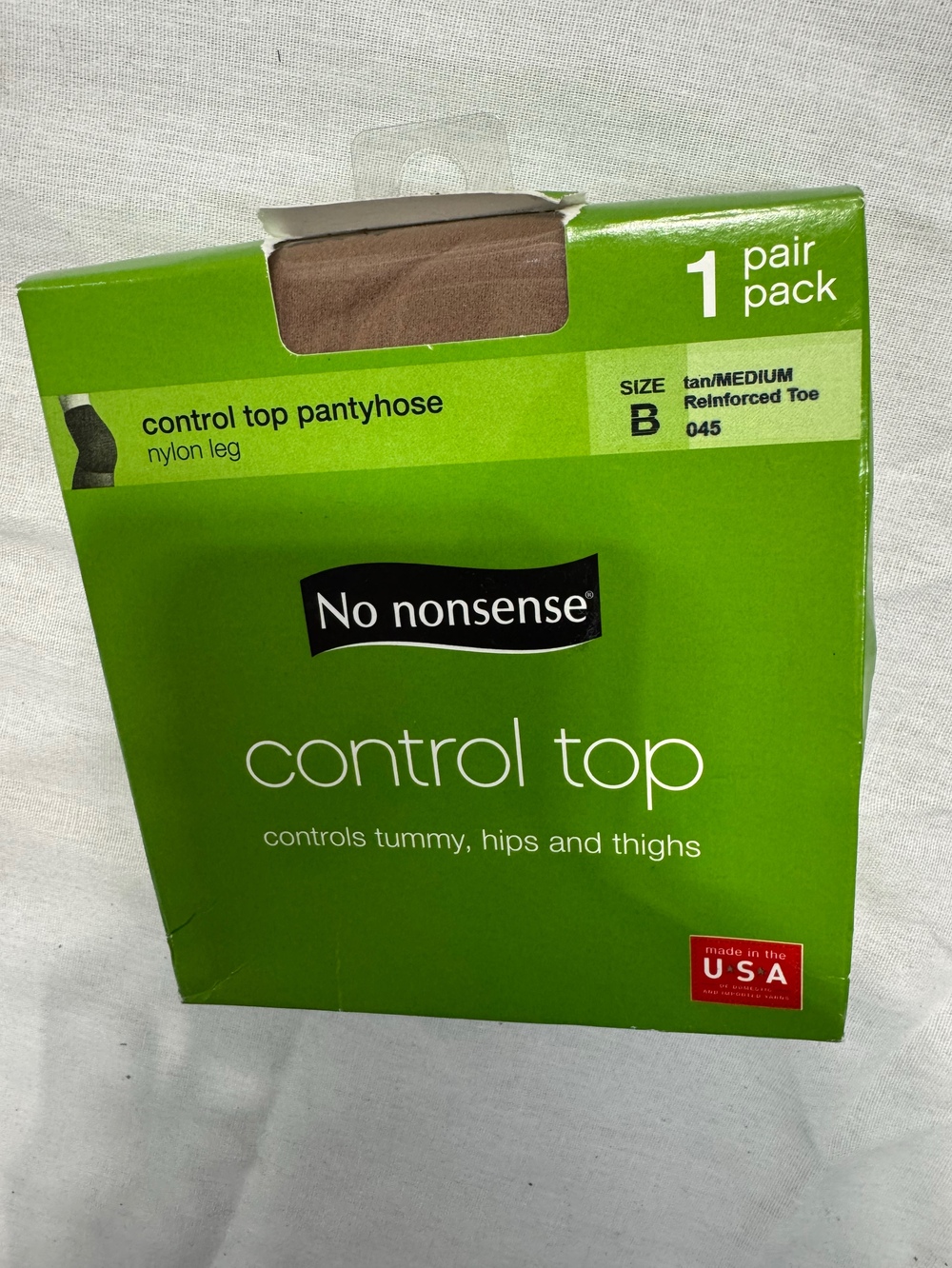 No Nonsense Women's Control Top Pantyhose Tan Size B Reinforced Toe Made in USA